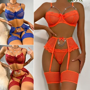 Sexy Fishnet Lingerie Women Lace Bra G-String Set Nightwear Babydoll Sleepwear - Picture 1 of 17