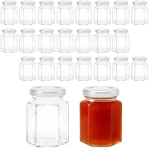 24 sechseckige Einmachgläser 110ml Marmeladengläser mit Deckel weiss + Etiketten - Bild 1 von 7
