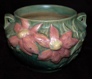 Roseville Pottery Clematis Jardiniere Planter 6" Pink Flowers on Green # - Picture 1 of 5