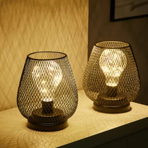 Set of 2 Metal Cage Table Lamp LED Lantern Battery Power Cordless Wedding Lights - Picture 1 of 7