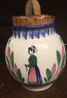  Henry Quimper Breton Lady Storage Pot with Original Lid and Tongs Hand Painted.