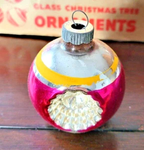 Vintage Christmas Ornament Glass Indented Ball Pink Striped - Picture 1 of 4