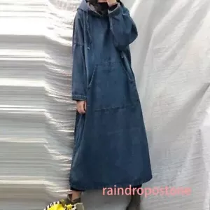 Herbst Retro Kleid Damen Vintage locker Denim Kapuze Langarm Freizeitkleid - Bild 1 von 12