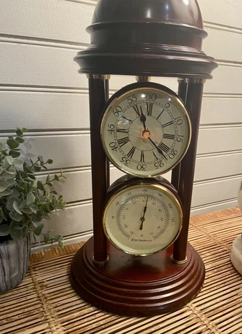 Antique Cherry Wood Mantel Desk Clock Thermometer 18" Beautiful Cover