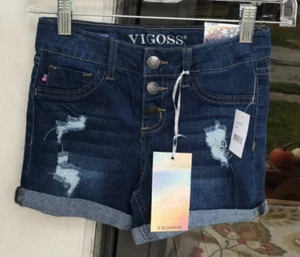 Girls Vigoss sz 10 Blue Denim Distressed Chelsea Shorts Snap Close Adj Waist E1 - Picture 1 of 6