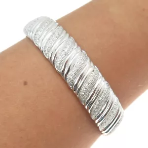 925 Sterling Silver Real Round-Cut Diamond Wavy Cuff Bracelet 7.25" - Picture 1 of 8