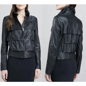 Chaqueta de bombardero DIANE Von FURSTENBERG DVF Cupcake con volantes en niveles de cuero genuino 2 - Imagen 1 de 14