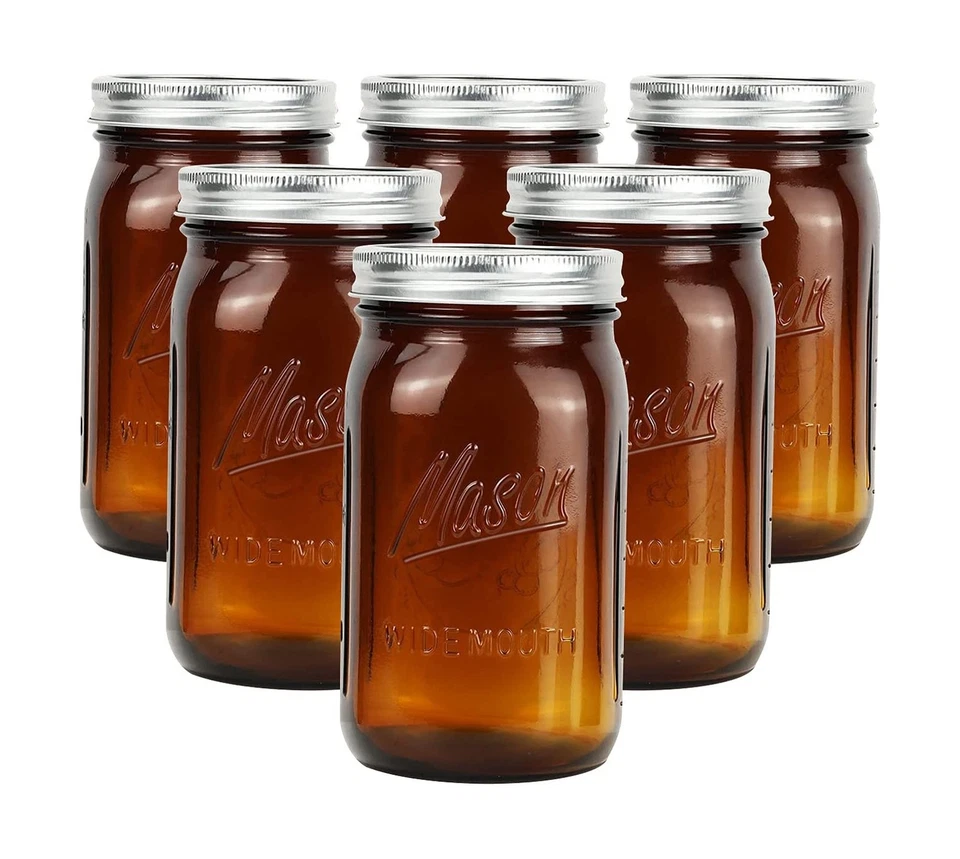 Frascos de albañil de vidrio ámbar de boca ancha de 32 oz (paquete de 6) - sin BPA, aire... envío rápido Foto 1 de 4
