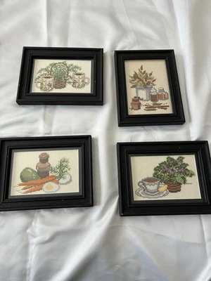 Four Vintage Cross Stitch Framed Kitchen Kitschy Designs Framed Wooden Pictures - Image 1 of 4