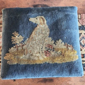 Antique Early Blue Needlepoint Footstool Ottoman With Spaniel Dog - Picture 1 of 8