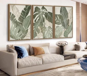 Arte de pared en lienzo enmarcado grande - foto de hojas de plátano verde enmarcado flotador natural... - Imagen 1 de 8