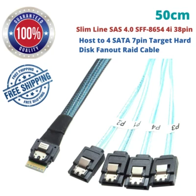 Slim Line SAS4.0 SFF-8654 38pin Host to 4-SATA 7Pin Target HDD Fanout Raid Cable - Bild 1 von 4