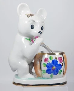 Lovely Vintage Large USSR Porcelain Dulevo Factory Cute Bear Honey Pot & Spoon - Picture 1 of 4
