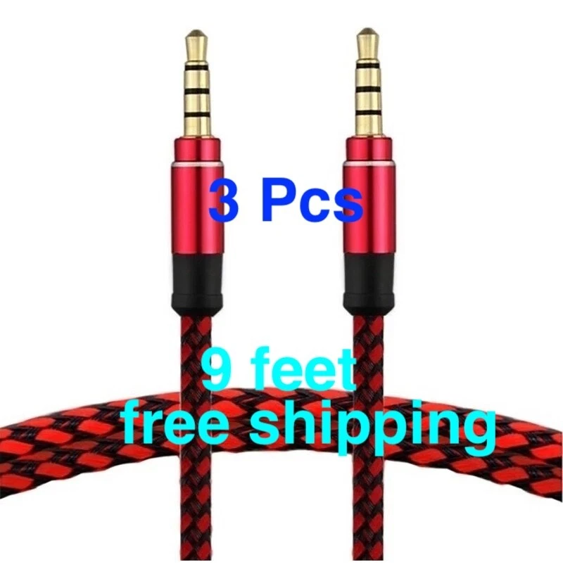 3.5mm Male to Male Aux Cable Cord Car Audio PC Headphone Jack Red 9FT X3pcs - Image 1 of 3