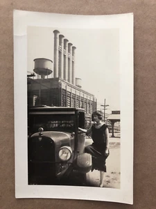 Vintage PHOTO Ford Motor Factory Building Smokestacks LADY - Picture 1 of 4
