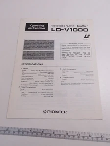 Pioneer: Laser Video Disc Player - Owners Manual - Model LD-V1000 - NOS - Picture 1 of 1
