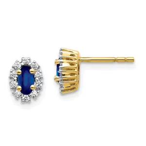 10K Solid Yellow Gold Diamond Blue Sapphire Oval Halo Studs Earrings - Picture 1 of 5