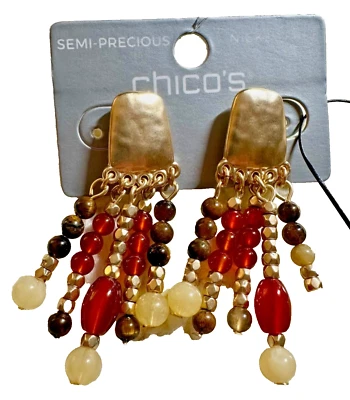NWT Chico's Beaded Agate and Tiger's Eye Chandelier POST EARRINGS Nickel Free - Image 1 of 4