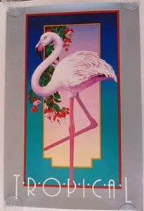 Póster de flamenco tropical vintage 1984 Art Deco pájaro exótico flores rosas - Imagen 1 de 6