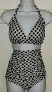 Black White Gingham Check 2 Piece High Waist Shirred 50s Pinup Swimsuit M L - Picture 1 of 5
