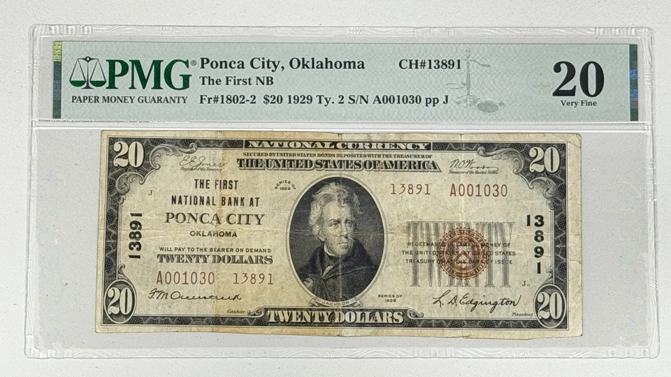 1929 $20 Ponca City Oklahoma US First National Bank Note PMG 20 Ty 2 Fr. 1802-2 - Image 1 of 2