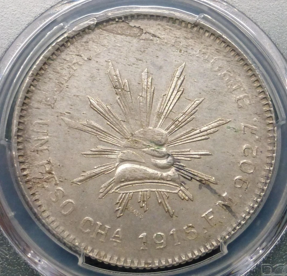 1915 CHa PCGS Unc Detail Mexico Chihuahua Silver Peso, Mint Error, KM #619 - Image 1 of 4