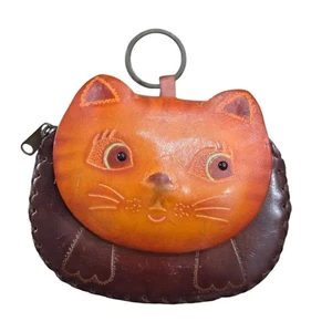 Porte-clés vintage cuir chat porte monnaie orange marron nouveauté animal bag - Photo 1/5