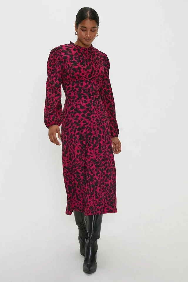 Dorothy Perkins Womens Midi Dress Berry Animal Print Frill Neck Spring Summer
