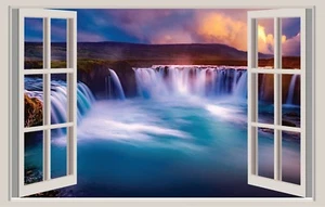 WALL STICKERS ADESIVI MURALI Cascate Gooafoss Islanda Trompe L'oeil finestra - Foto 1 di 1
