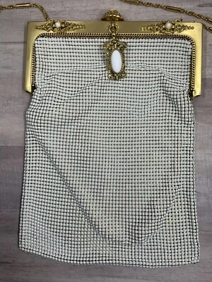 VINTAGE WHITING & DAVIS White Mesh Purse w/ White Stones Gold Chain Rare - Image 1 of 4