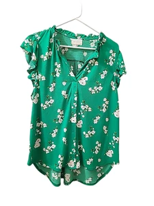 Melloday Damen Oberteil mit Knopfleiste strukturiert hoher Saum grün Blumen Flatterärmel XL - Bild 1 von 10