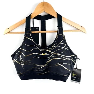 Nike Swoosh Icon Clash Printed Sports Bra Womens Size L Black Gold Dri-FIT New - Picture 1 of 9