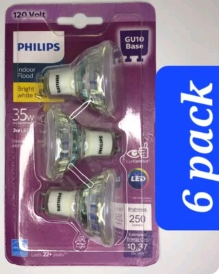 6 Philips Indoor Flood Light GU10 Base LED Dimmable 35W Replacement 120V uses 3W - Image 1 of 4