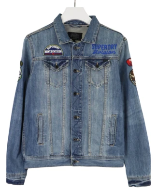 SUPERDRY Army Division Jacket Men's LARGE Denim Button Up Pockets Logo Patches - Image 1 of 4