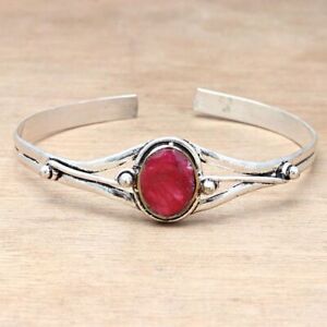 Ruby Sapphire Gemstone Handmade Silver Jewelry Cuff Bracelets 7''Adjustable