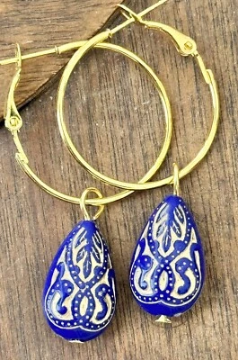 Etched Blue Vintage Teardrop Bead and Gold Hoop Earrings. Light Weight - Image 1 of 2