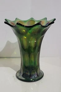 Vintage Fenton Carnival Glass Vase Green Long Thumbprint 9 Point MCM - Picture 1 of 9