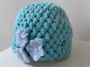 Handmade Crochet Baby Hat Blue And White for 0-6 Months - Picture 1 of 4