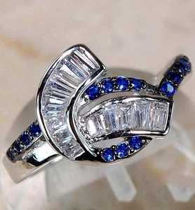 Anillo de plata de ley 925 con zafiro azul y topacio tratado de 2 quilates talla 6 MK1-4 - Imagen 1 de 3