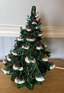 Atlantic Mold Ceramic Christmas Tree 14” W/ Lighted Base Flocked Snow VTG - Picture 1 of 10
