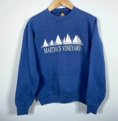 Sudadera Años 80 Martha's Vineyard Adulto Grande Azul Oscuro Barco HL Miller Etiqueta Dorada Foto 1 de 4