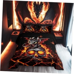 Cartoon Dragon Bedding Set Twin Size Black Skull Flame Crack Comforter for - Picture 1 of 8