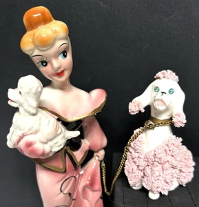 VINTAGE KREISS WOMEN WITH PRIZE POODLE DOG ON CHAIN HOLDING PUPPY FIGURE JAPAN - Picture 1 of 14