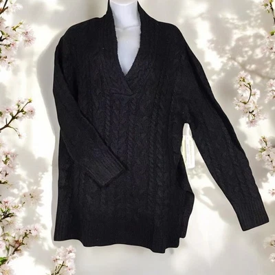 Ткань на RD женщин M черный кабель трикотажа v-образным вырезом большого размера свитер с Ярлыками - Изображение 1 из 4