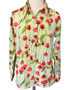 Vintage 70er rot grün Mohnblumen Blumen Dolchkragen Button Down Bluse Kmart 38 M - Bild 1 von 12