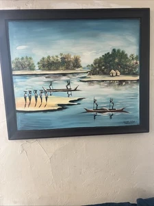 Watercolor Painting Framed African Village Island Nganda Victor Angola 104 - Picture 1 of 6
