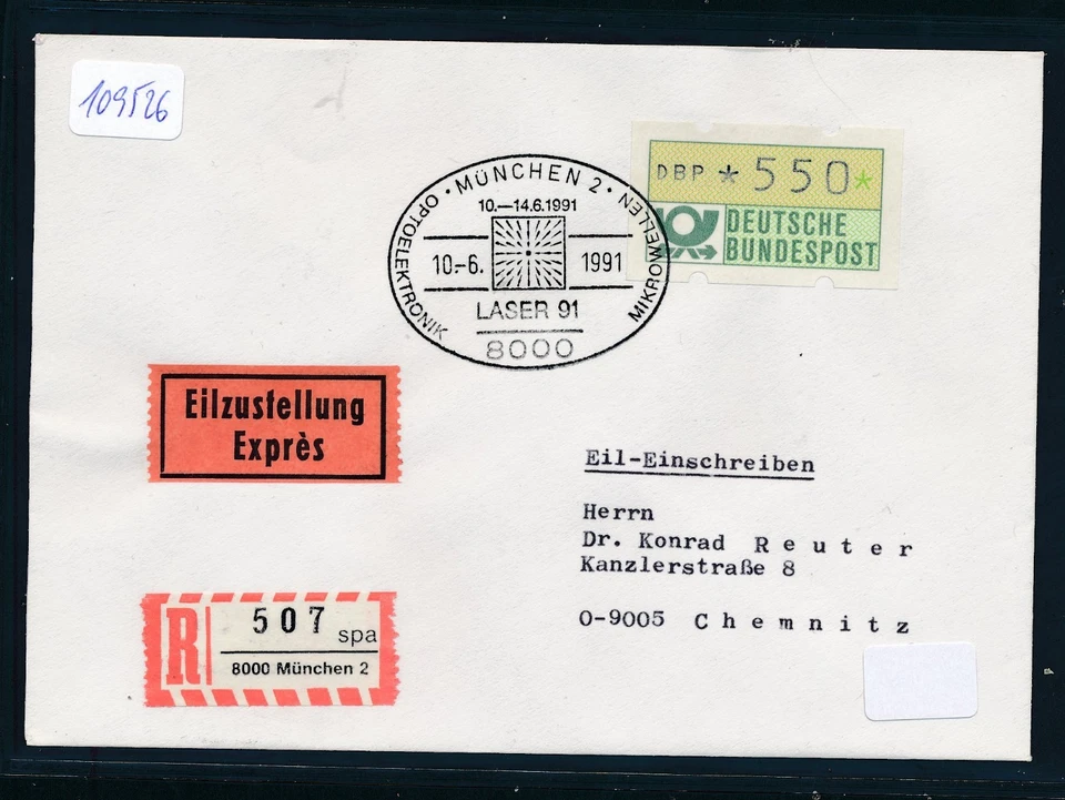 109526) Eilb.-Reco-Brief, RZ 8000 München 2 "spa", SST "LASER '91", EF 550PF ATM - Bild 1 von 1