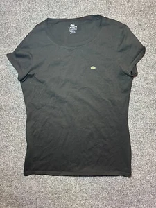 Lacoste Women’s Black V-Neck Cotton T-Shirt US 12 (EU 44) Classic Crocodile Logo - Picture 1 of 3