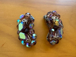 VINTAGE LAGUNA AURORA BOREALIS AB & PINK GLASS CRYSTAL CLUSTER CLIP ON EARRINGS - Picture 1 of 6