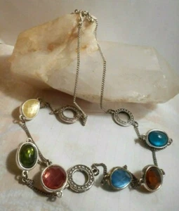 Silver tone necklace with 6 multi colored bezel glass and 3 rings - Bild 1 von 12